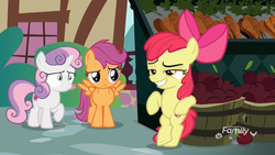 Size: 1920x1080 | Tagged: safe, screencap, apple bloom, scootaloo, sweetie belle, earth pony, pegasus, pony, unicorn, g4, the big mac question, apple, basket, bipedal, bipedal leaning, bushel basket, carrot, casual, confused, cutie mark crusaders, fake smile, female, filly, food, forced smile, leaning, market, raised eyebrow, raised hoof, shrunken pupils, smiling, spread wings, wide eyes, wings