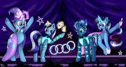 Size: 5296x2843 | Tagged: safe, artist:appleneedle, minuette, trixie, oc, oc:twinkle mint, oc:wondermint, pony, unicorn, icey-verse, g4, bipedal, bowtie, cape, clothes, commission, corset, family, female, gloves, glowing horn, hat, horn, lesbian, magic, magic wand, magical lesbian spawn, magician, magician outfit, mare, minixie, mother and daughter, offspring, parent:minuette, parent:trixie, parents:minixie, playing card, raised hoof, raised leg, ring, shipping, siblings, sisters, top hat, trixie's cape, trixie's hat