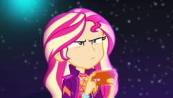 Size: 1280x720 | Tagged: safe, screencap, sunset shimmer, equestria girls, equestria girls series, g4, my little pony equestria girls: choose your own ending, the last drop, the last drop: sunset shimmer, female, gamer sunset, music festival outfit, phone, shrunken pupils, solo