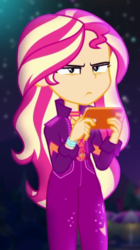 Size: 297x529 | Tagged: safe, screencap, sunset shimmer, equestria girls, equestria girls series, the last drop, spoiler:choose your own ending (season 2), spoiler:eqg series (season 2), cropped, female, gamer sunset, music festival outfit, shrunken pupils, solo, sunset shimmer is not amused, the last drop: sunset shimmer, unamused