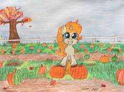 Size: 1036x771 | Tagged: safe, artist:mopar96, pumpkin cake, pony, unicorn, g4, autumn, blue eyes, dirt, female, fence, grass, leaves, october, plants, pumpkin, pumpkin patch, sky, smiling, solo, standing, tree