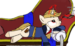 Size: 1080x675 | Tagged: safe, artist:uncreative, oc, oc only, oc:regal inkwell, pony, unicorn, clothes, fainting couch, magic, nightrobe, pipe, robe, smoking, solo, telekinesis