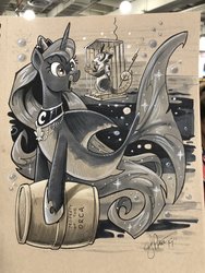 Size: 768x1024 | Tagged: safe, artist:andypriceart, idw, princess luna, tiberius, alicorn, seapony (g4), g4, spoiler:comic, bubble, cage, crown, cute, dorsal fin, ethereal mane, fangs, female, fin, fish tail, flowing mane, flowing tail, happy, hoof shoes, horn, jaws, jewelry, limited palette, mare, necklace, ocean, open mouth, open smile, pale belly, pearl necklace, peytral, princess shoes, regalia, seaponified, seapony luna, seashell, seashell necklace, sharp teeth, signature, smiling, sparkles, species swap, starry mane, swimming, tail, teeth, traditional art, underwater, water