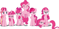 Size: 9000x4482 | Tagged: safe, artist:ace play, applejack, fluttershy, pinkie pie, rainbow dash, rarity, starlight glimmer, twilight sparkle, alicorn, earth pony, pegasus, pony, unicorn, g4, absurd resolution, annoyed, applejack is not amused, cute, eyes closed, grin, mane six, palette swap, pink, pinkie pie day, pronking, rainbow dash is not amused, recolor, simple background, smiling, transparent background, twilight sparkle (alicorn), twilight sparkle is not amused, unamused, vector