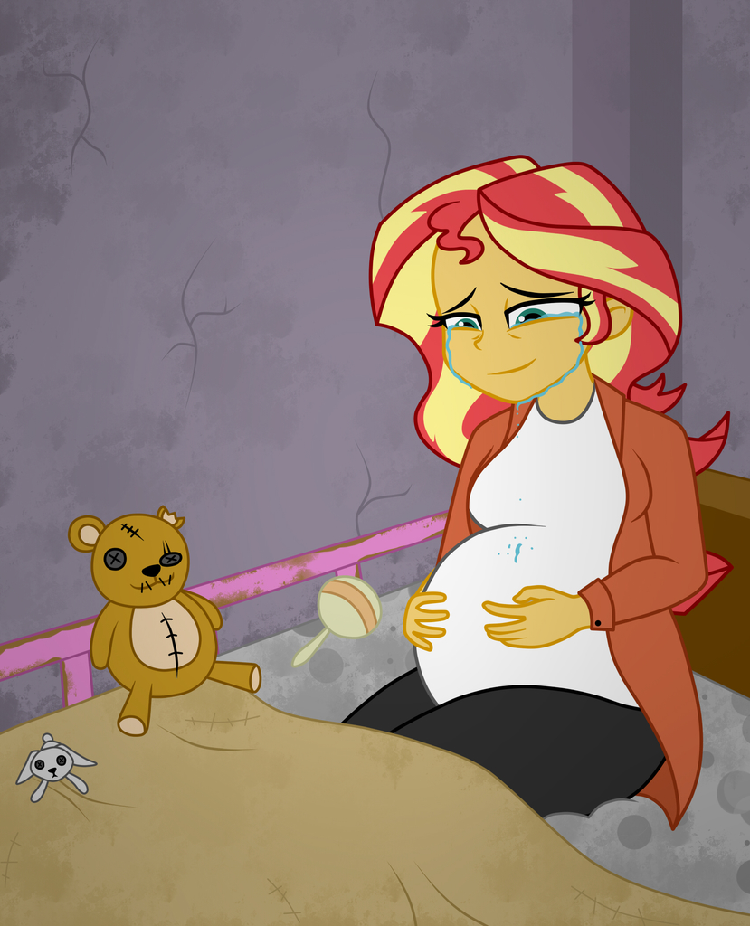 mashoart, sunset shimmer, equestria girls, bed, belly, big belly, crying, f...