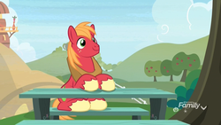 Size: 1920x1080 | Tagged: safe, screencap, big macintosh, earth pony, pony, g4, the big mac question, apple, apple tree, cutie mark, discovery family logo, food, freckles, good mood, male, picnic table, sitting, smiling, solo, stallion, stupid grin, sweet apple acres, table, tree, unshorn fetlocks