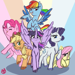Size: 500x500 | Tagged: safe, artist:neon-oni, applejack, fluttershy, pinkie pie, rainbow dash, rarity, twilight sparkle, alicorn, earth pony, pegasus, pony, unicorn, g4, cloven hooves, colored hooves, cowboy hat, female, hat, looking at you, mane six, mare, spread wings, straw in mouth, twilight sparkle (alicorn), unshorn fetlocks, wings