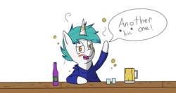 Size: 2460x1308 | Tagged: safe, artist:wuzntme808, oc, oc only, oc:snowy blue, pony, unicorn, alcohol, bar, beer, beer bottle, blushing, drink, drinking, drunk, solo