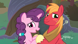 Size: 1920x1080 | Tagged: safe, screencap, big macintosh, sugar belle, earth pony, pony, unicorn, g4, the big mac question, apple, apple tree, blushing, cute, embarrassed, female, holding hooves, intertwined trees, male, mare, marriage proposal, pear tree, rock, ship:sugarmac, shipping, smiling, stallion, straight, tree