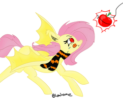 Size: 2500x2000 | Tagged: safe, artist:lowname, fluttershy, bat pony, pony, g4, apple, bait, bat ponified, clothes, drool, eyes on the prize, female, flutterbat, food, high res, inktober, inktober 2019, race swap, running, scarf, solo, tongue out