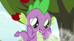 Size: 1920x1080 | Tagged: safe, screencap, spike, dragon, g4, the big mac question, apple, apple tree, cute, food, male, puppy dog eyes, solo, spikabetes, tree, winged spike, wings