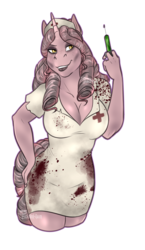 Size: 856x1479 | Tagged: safe, artist:blackblood-queen, oc, oc only, oc:candlewick, unicorn, anthro, anthro oc, big breasts, breasts, cleavage, clothes, commission, costume, digital art, fake blood, female, halloween, halloween costume, makeup, nightmare night costume, nurse, nurse outfit, signature, simple background, smiling, solo, syringe, transparent background