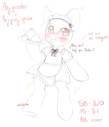 Size: 1642x1914 | Tagged: safe, artist:adostume, oc, oc only, semi-anthro, advertisement, arm hooves, bipedal, blushing, clothes, commission, cute, dress, eyes open, fangs, heart eyes, lineart, maid, master, solo, speech, tray, wingding eyes, your character here