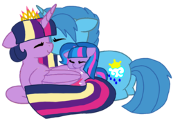Size: 1369x961 | Tagged: safe, artist:徐詩珮, spring rain, twilight sparkle, oc, oc:sparkle rain, alicorn, pony, unicorn, g4, baby, baby pony, base used, crown, family, female, filly, jewelry, kissing, lesbian, magical lesbian spawn, mare, mother and daughter, next generation, offspring, parent:spring rain, parent:twilight sparkle, parents:springlight, rainbow power, regalia, ship:springlight, shipping, simple background, transparent background, twilight sparkle (alicorn)