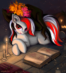 Size: 4500x5000 | Tagged: safe, artist:shoggoth-tan, oc, oc only, oc:rifey, earth pony, pony, rcf community, autumn, book, candle, female, halloween, hat, holiday, looking at you, mare, prone, pumpkin, red eyes, solo, tongue out, witch hat