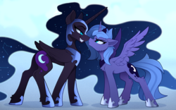Size: 2500x1555 | Tagged: safe, artist:yakovlev-vad, edit, editor:childofthenight, nightmare moon, princess luna, alicorn, pony, :<, angry, blue background, boop, cheek fluff, chest fluff, cute, duality, ear fluff, eye contact, female, floppy ears, frown, glare, gradient background, grin, grumpy, hoof fluff, leg fluff, lidded eyes, looking at each other, lunabetes, mare, nose wrinkle, noseboop, pouting, s1 luna, scrunchy face, self ponidox, simple background, slim, smiling, smirk, smug, spread wings, wing fluff, wings