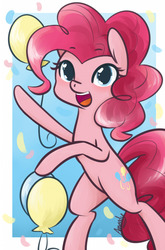 Size: 1266x1920 | Tagged: safe, artist:lilliesinthegarden, pinkie pie, earth pony, pony, g4, balloon, bipedal, confetti, cute, diapinkes, female, mare, open mouth, solo