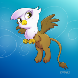 Size: 1000x1000 | Tagged: safe, artist:empyu, gilda, griffon, g4, 30 minute art challenge, cute, digital art, female, flying, gildadorable, looking at you, paws, solo, spread wings, toes, wings, younger