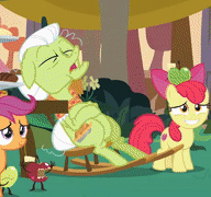 Size: 192x180 | Tagged: safe, screencap, apple bloom, granny smith, scootaloo, earth pony, living apple, pegasus, pony, g4, the big mac question, animated, apple, female, food, picture for breezies, rocking chair, sleeping