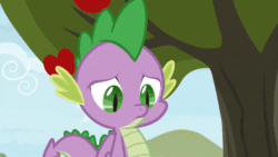 Size: 800x450 | Tagged: safe, screencap, big macintosh, spike, dragon, earth pony, pony, g4, the big mac question, animated, apple, apple tree, male, out of context, stallion, tree, winged spike, wings