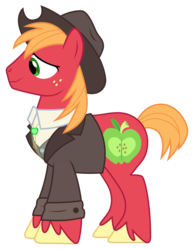 Size: 1533x1980 | Tagged: safe, artist:sonofaskywalker, big macintosh, earth pony, pony, derpibooru, g4, the big mac question, clothes, freckles, hat, juxtaposition, male, meta, simple background, smiling, solo, stallion, suit, transparent background, vector