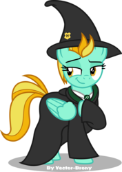 Size: 3099x4377 | Tagged: safe, artist:vector-brony, lightning dust, pegasus, pony, g4, clothes, commission, crossover, female, harry potter (series), hat, high res, lidded eyes, mare, necktie, raised eyebrow, raised hoof, robe, shirt, simple background, slytherin, smiling, smirk, solo, transparent background, vector, witch hat
