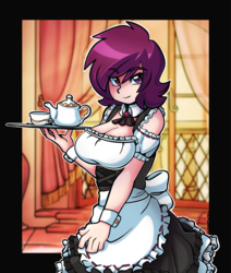 Size: 2123x2500 | Tagged: safe, artist:ciderpunk, oc, oc only, oc:burgundy chalice, human, clothes, female, high res, humanized, humanized oc, looking at you, maid, solo, tray