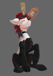 Size: 2480x3508 | Tagged: safe, artist:settop, oc, oc only, oc:blackjack, cyborg, pony, unicorn, fallout equestria, fallout equestria: project horizons, alcohol, amputee, augmented, bottle, cyber legs, cybernetic legs, drunk, fanfic, fanfic art, female, glowing horn, gray background, high res, hooves, horn, levitation, magic, mare, one eye closed, queen, queen whiskey, simple background, sitting, solo, telekinesis, the uses of unicorn horns, whiskey, wild pegasus
