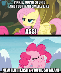Size: 500x593 | Tagged: safe, edit, edited screencap, screencap, fluttershy, pinkie pie, pony, bridle gossip, g4, the maud couple, abuse, background pony strikes again, downvote bait, flutterbitch, meme, op is a duck, op is trying to start shit, pinkiebuse