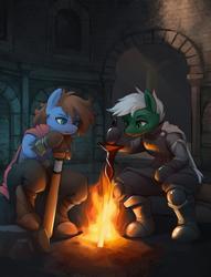 Size: 1300x1700 | Tagged: safe, artist:stardep, oc, oc only, oc:bizarre song, earth pony, anthro, semi-anthro, arm hooves, armor, bonfire, clothes, dark souls, fire, gloves, greaves, hoof hold, male, sitting, stallion, sword, weapon