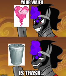Size: 500x580 | Tagged: safe, artist:bamboodog, edit, edited screencap, screencap, king sombra, pinkie pie, pony, g4, the beginning of the end, background pony strikes again, downvote bait, evil grin, funny, grin, heart pony, meme, op is a duck, op is trying to start shit, smiling, your waifu is trash