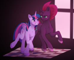 Size: 1100x900 | Tagged: safe, artist:asilingrose, tempest shadow, twilight sparkle, alicorn, pony, unicorn, g4, blushing, broken horn, eye scar, female, horn, lesbian, looking at each other, mare, scar, ship:tempestlight, shipping, smiling, twilight sparkle (alicorn)