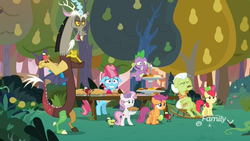 Size: 1920x1080 | Tagged: safe, screencap, apple bloom, cup cake, discord, granny smith, scootaloo, spike, sweetie belle, dragon, earth pony, living apple, pegasus, pony, unicorn, g4, the big mac question, bipedal, cookie, cupcake, cutie mark crusaders, dessert, discovery family logo, female, filly, floppy ears, flying, food, mare, nervous, pear tree, picnic, pie, rocking chair, sleeping, smiling, sweet apple acres, table, tree, winged spike, wings