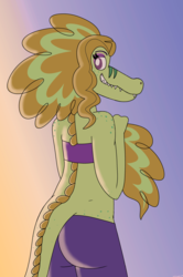 Size: 1735x2614 | Tagged: safe, artist:suchosophie, adagio dazzle, alligator, crocodile, reptile, anthro, equestria girls, g4, adagio dat-azzle, ass, butt, clothes, dazzlegator, digital art, fangs, female, freckles, looking at you, looking back, looking back at you, pants, scalie, simple background, smiling, solo, species swap, sunset, swimsuit, tail, tube top, yoga pants
