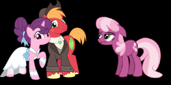 Size: 496x248 | Tagged: safe, big macintosh, cheerilee, sugar belle, earth pony, pony, unicorn, g4, the big mac question, black background, cheerilee is not amused, clothes, dress, female, male, mare, sad, simple background, stallion, unamused, wedding dress, wedding suit