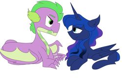 Size: 1024x682 | Tagged: safe, artist:tristannoor10, princess luna, spike, alicorn, dragon, pony, g4, female, looking at each other, male, mare, ship:spiluna, shipping, straight, winged spike, wings