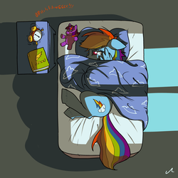 Size: 3000x3000 | Tagged: safe, artist:docwario, artist:friendshipishorses, color edit, edit, rainbow dash, twilight sparkle, pegasus, pony, g4, alarm clock, bed, bedsheets, bedside stand, blanket, book, clock, colored, cutie mark, dashtober, female, floppy ears, high res, mare, morning, morning ponies, pillow, plushie, sad, solo, waking up