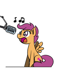 Size: 1280x1707 | Tagged: safe, artist:flutterluv, scootaloo, pegasus, pony, g4, cutie mark, female, filly, microphone, music notes, open mouth, ponified animal photo, simple background, singing, sitting, solo, the cmc's cutie marks, white background