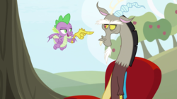 Size: 2020x1136 | Tagged: safe, screencap, discord, spike, draconequus, dragon, g4, the big mac question, apple, apple tree, baby, baby dragon, beard, chair, claws, discord is not amused, disembodied hand, duo, facial hair, flying, food, frown, hand, male, narrowed eyes, pointing, raised eyebrow, smug, snaggletooth, spread wings, sweet apple acres, talons, tree, unamused, winged spike, wings