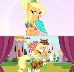 Size: 720x705 | Tagged: safe, applejack, earth pony, pony, g4, simple ways, sparkle's seven, alter ego, apple chord, applejewel, beautiful, clothes, guitar, musical instrument, smiling