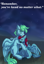 Size: 2409x3508 | Tagged: safe, artist:tigra0118, oc, oc only, oc:azure glide, oc:iron wingheart, bird, hybrid, parrot, pegasus, pony, coming out, commission, context in description, dialogue, duo, embrace, father and son, grass, heartwarming description, high res, hill, hug, interspecies offspring, male, night, offspring, outdoors, parent:captain celaeno, parent:oc:azure glide, parents:azurlaeno, parents:canon x oc, scar, sitting, stars, story included, truth