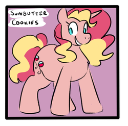 Size: 848x837 | Tagged: safe, oc, oc:sunbutter cookies, earth pony, pony, unicorn, commissioner:bigonionbean, cutie mark, female, fusion, fusion:pinkie pie, fusion:sunset shimmer, mare, plump, pudgy, solo