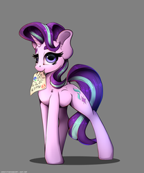 Size: 2500x3000 | Tagged: safe, artist:skitsroom, starlight glimmer, pony, unicorn, g4, a++, chest fluff, cute, digital art, ear fluff, female, glimmerbetes, grades, happy, high res, horn, looking at you, mare, mouth hold, paper, smiling, solo