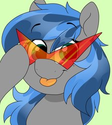 Size: 914x1024 | Tagged: safe, artist:littlebibbo, oc, oc only, oc:bibbo, pegasus, pony, female, freckles, glasses, green background, holding, kamina sunglasses, looking at you, mare, raised hoof, simple background, smiling, solo, tongue out