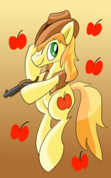 Size: 1500x2400 | Tagged: safe, artist:notadeliciouspotato, braeburn, earth pony, pony, g4, abstract background, apple, clothes, colt single action army, cowboy hat, food, gun, handgun, hat, hoof hold, male, revolver, solo, stallion, weapon