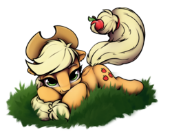 Size: 2000x1541 | Tagged: safe, artist:hitbass, applejack, earth pony, pony, g4, apple, chest fluff, cute, digital art, earth, female, food, happy, jackabetes, mare, prehensile tail, prone, smiling, solo, tail hold