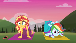 Size: 1920x1080 | Tagged: safe, screencap, rainbow dash, sunset shimmer, equestria girls, g4, my little pony equestria girls: choose your own ending, wake up!, wake up!: rainbow dash, barefoot, cellphone, clothes, coiled snake, duo, duo female, feet, female, mountain, mountain range, outdoors, pants, phone, smartphone, tank top, yoga, yoga mat, yoga pants, yoga pose
