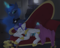 Size: 2500x2000 | Tagged: safe, artist:sinner_png, princess luna, oc, alicorn, pegasus, pony, g4, blanket, couch, crown, cute, featured image, female, folded wings, glowing horn, helmet, high res, hoof shoes, horn, jewelry, lunabetes, magic, male, mare, ocbetes, petting, peytral, regalia, royal guard, sleeping, stallion, sweet dreams fuel, telekinesis, wings, ych result