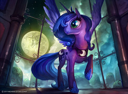 Size: 1400x1028 | Tagged: source needed, useless source url, safe, artist:john thacker, princess luna, alicorn, pony, friendship is magic, g4, official, female, full moon, hoof shoes, indoors, magic the gathering, mare, mare in the moon, moon, ponies the galloping, raised hoof, s1 luna, solo