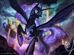 Size: 1400x1029 | Tagged: safe, artist:john thacker, nightmare moon, alicorn, pony, g4, official, cloud, cloudsdale, ethereal mane, fangs, female, magic the gathering, mare, night, open mouth, ponies the galloping, rainbow waterfall, raised hoof, solo, spread wings, starry mane, wings